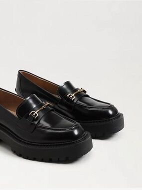Sam Edelman Black Leather Lug-Sole Loafers with Gold Bit - Size 6.5